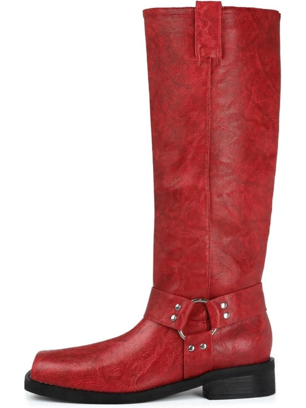 Women's Red Knee High Boots Square toe Low Heel Buckle Boots Pull-On Wide Calf